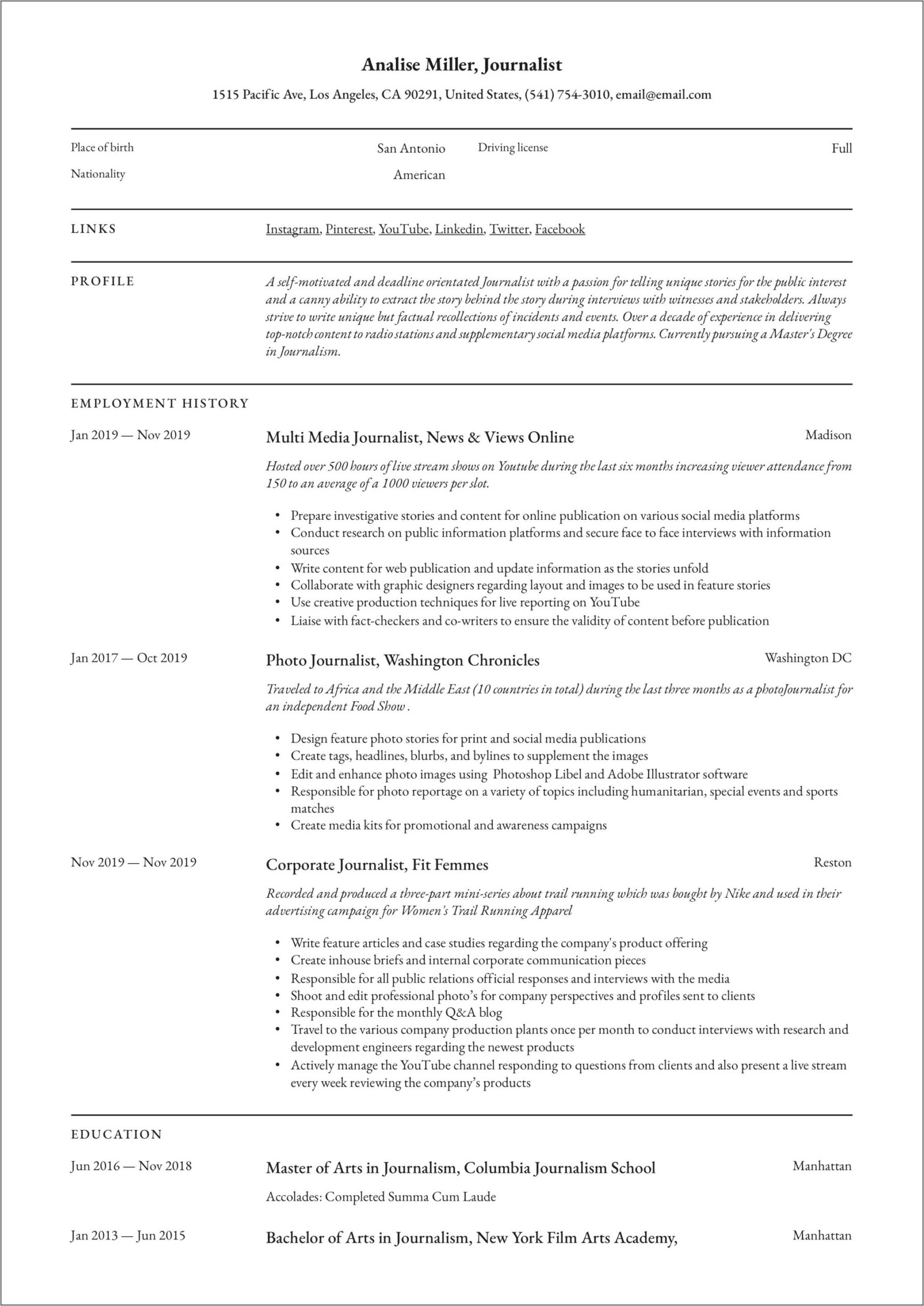 1 Page Resume Templates For Journalism Majors