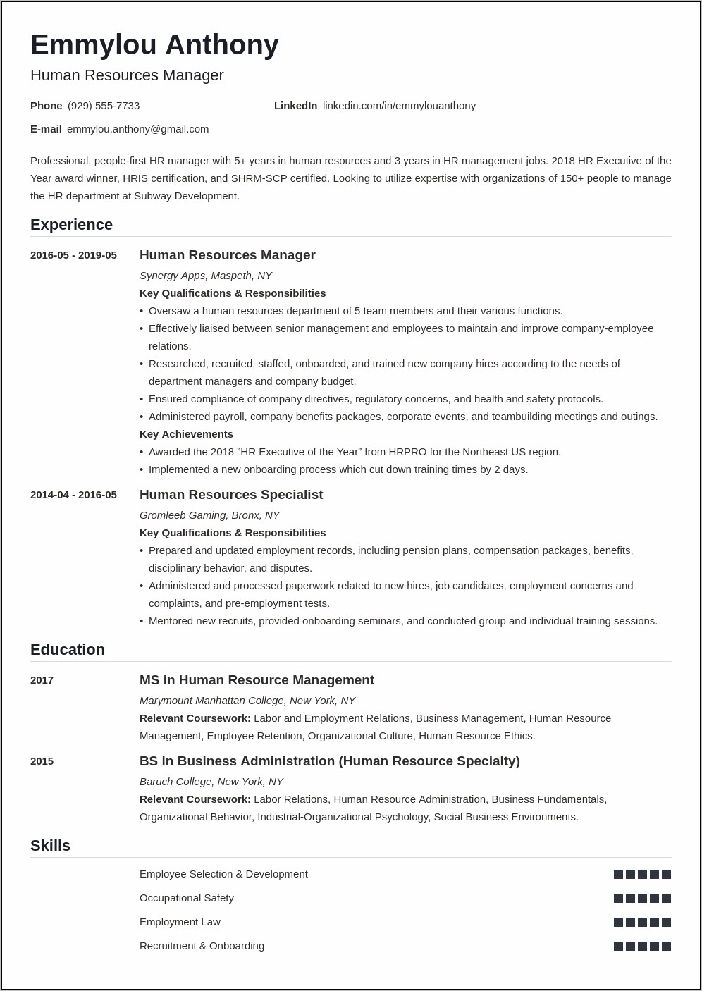 1 Person Hr Manager Resume