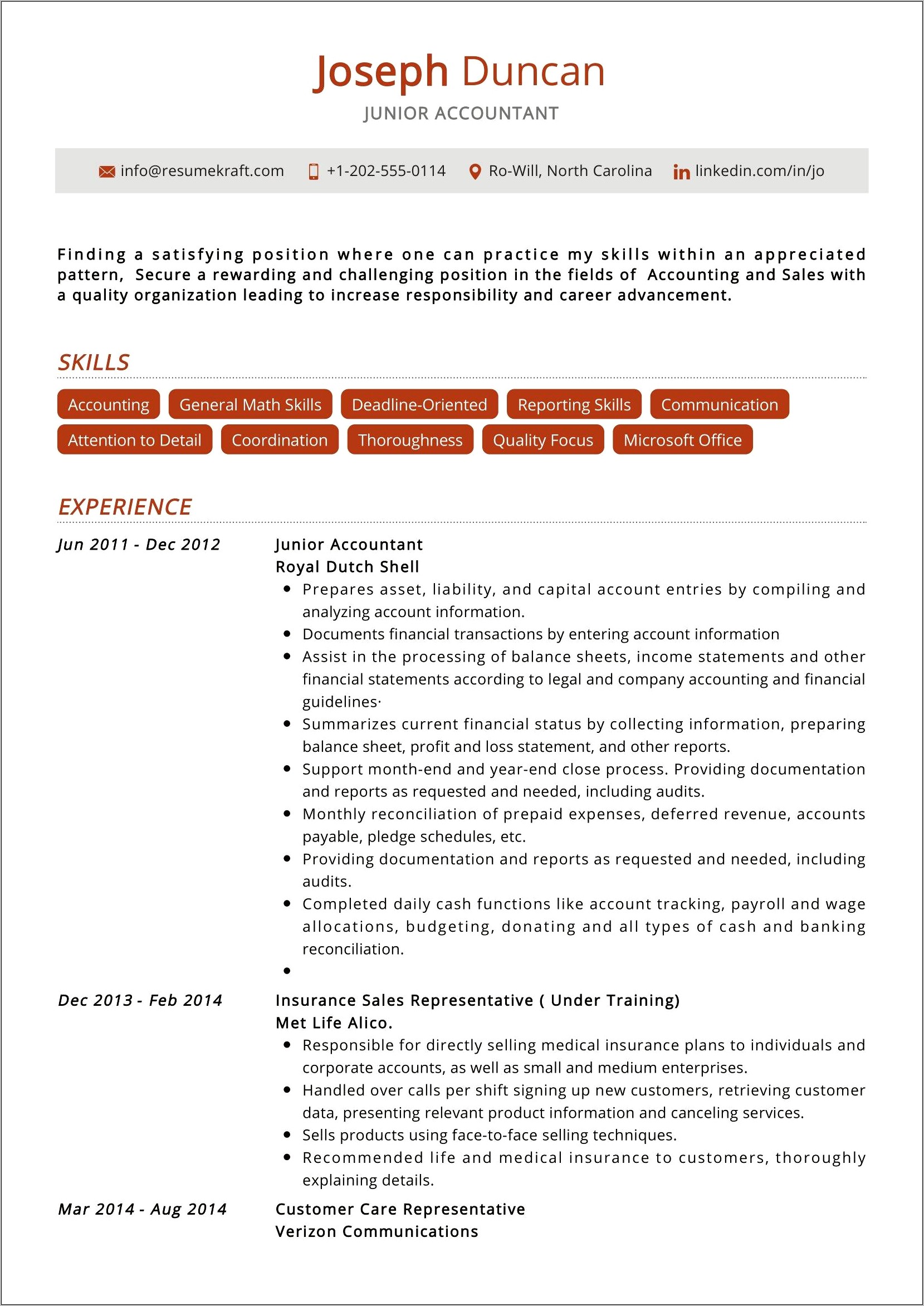 1 Year Experience Accounting Resume Summary