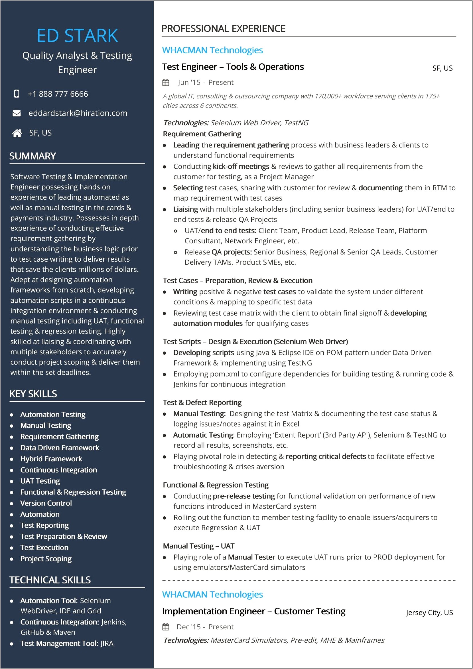 1 Year Experience Manual Tester Resume