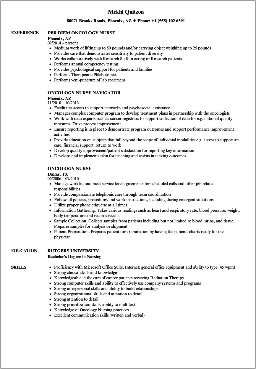 1 Year Experience Nurse Resume Oncology
