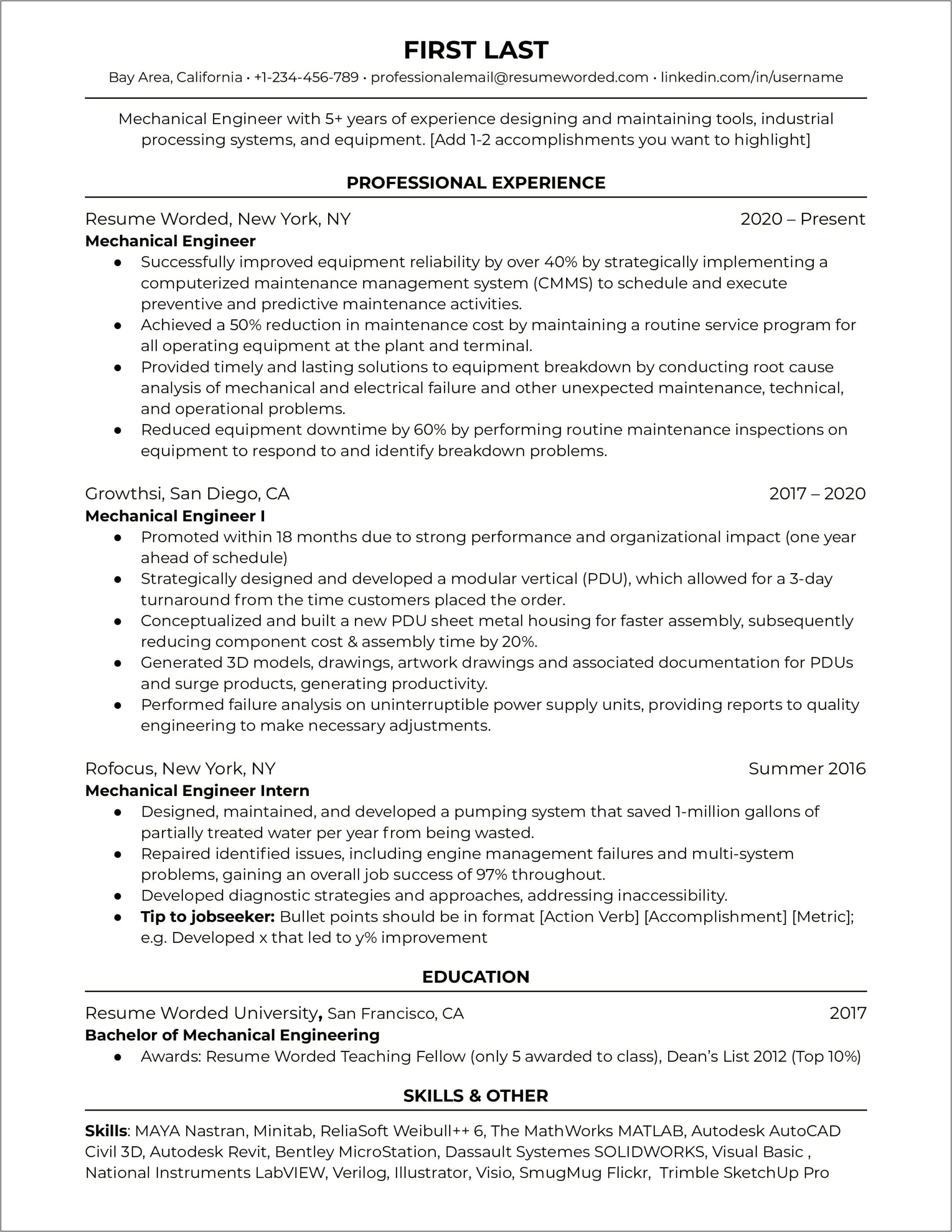 1 Year Experience Resume For Mechanical Engineer