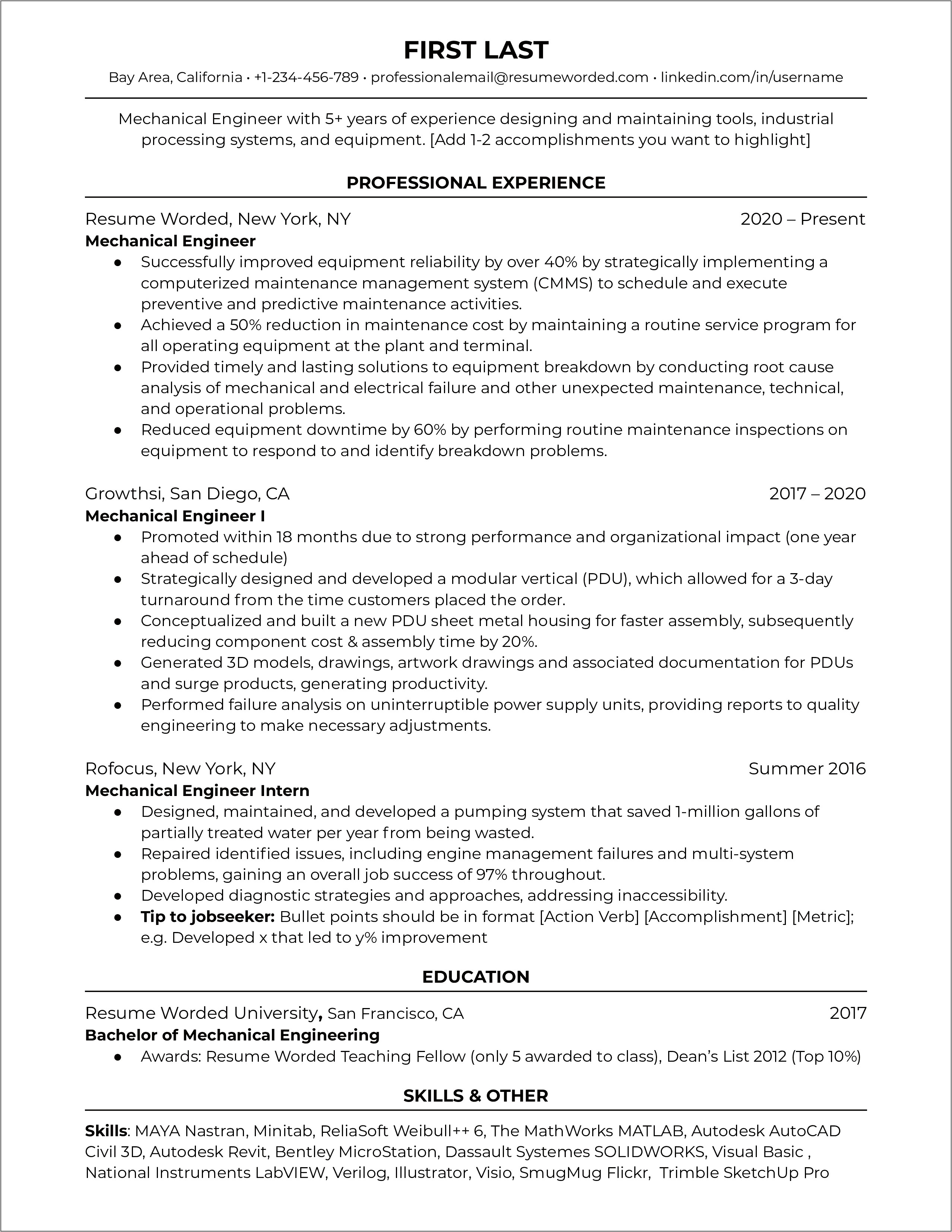 1 Year Experience Resume For Mechanical Engineer