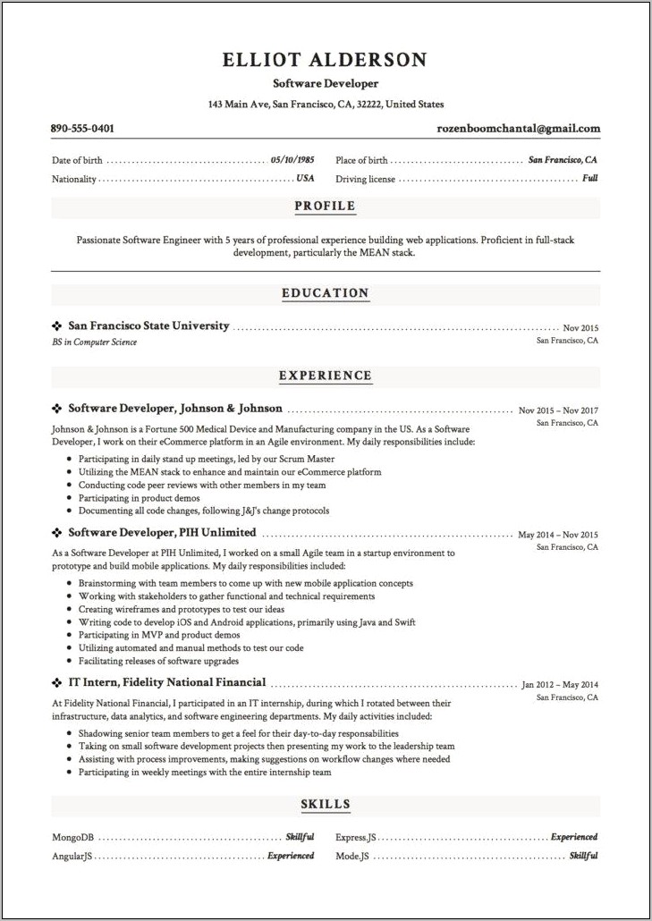 1 Year Experience Resume Format For Java Developer
