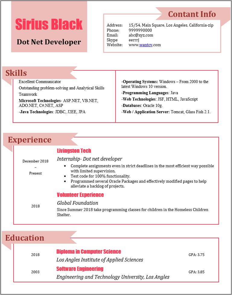 1 Year Experience Resume Format For Net Developer