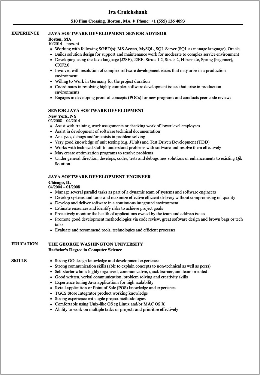 1 Year Experience Resume In Java