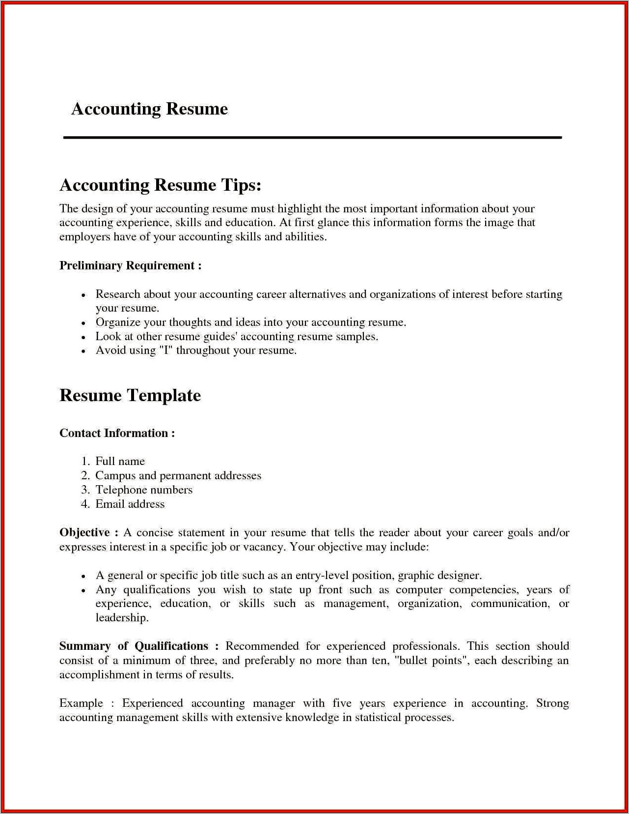 1 Year Experience Resume Sample For Accountant