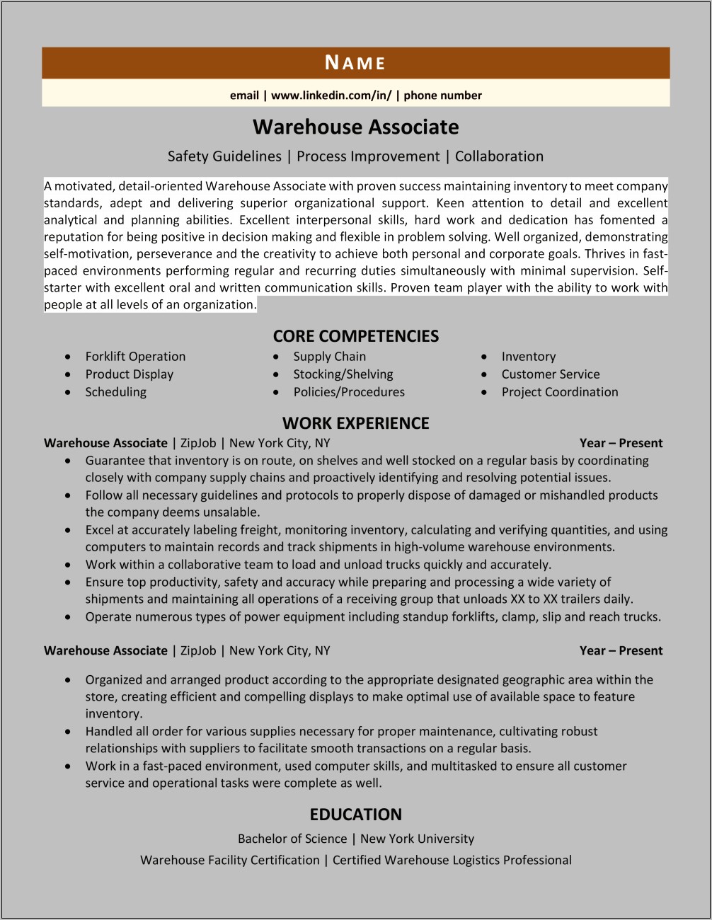 1 Year Of Warehouse Experience Resume