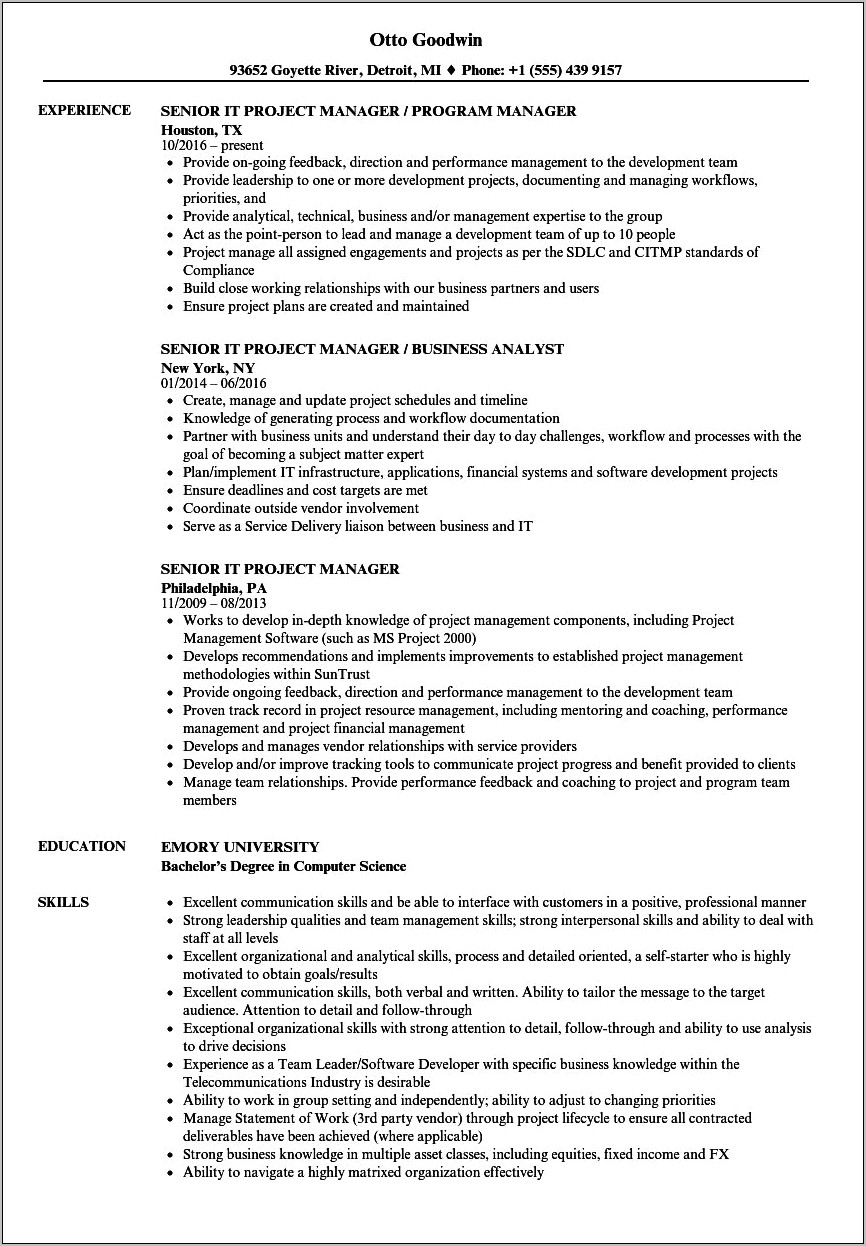 10 Years Experience Project Manager Resume