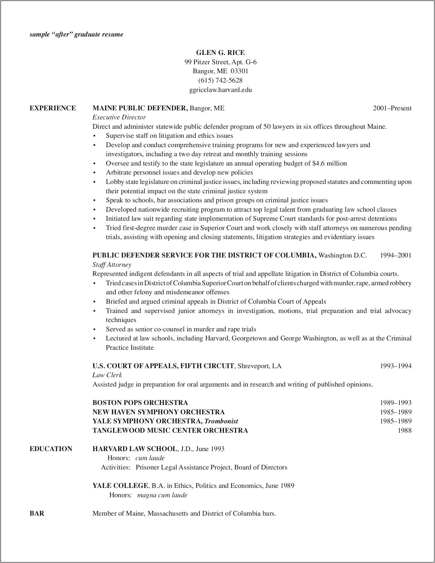 2 Page Resume Law School Examples