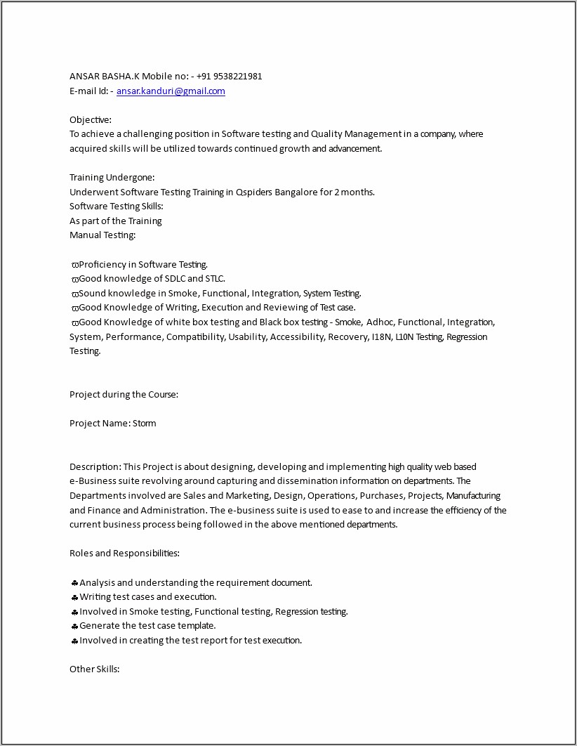 2 Years Experience Resume Format Manual Testing