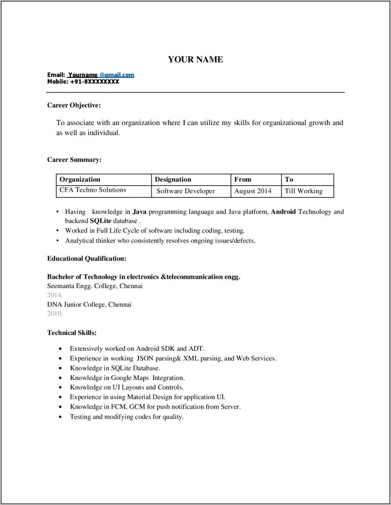 2 Years Experience Resume In Android