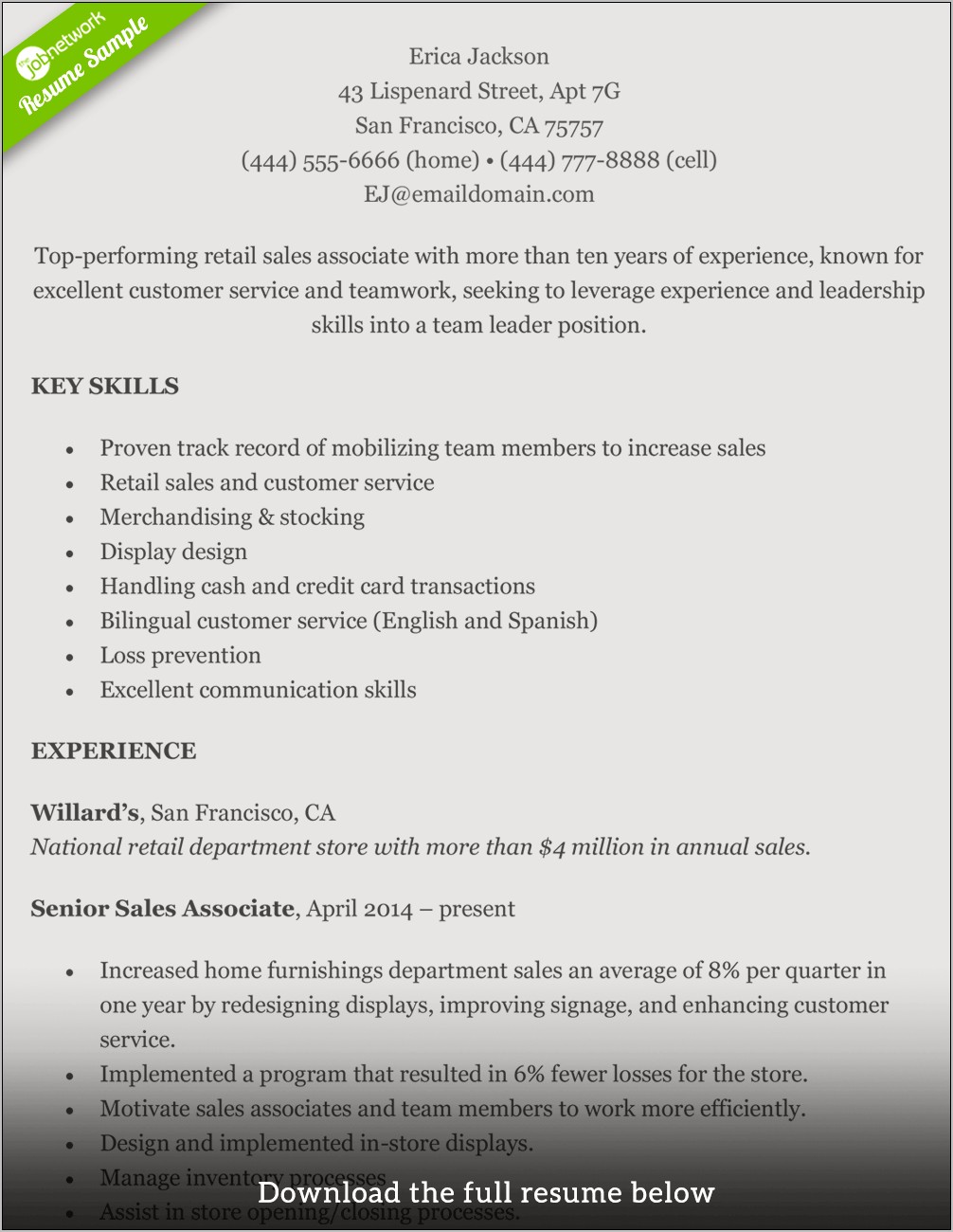2016 Resume Templates For Retail Sales