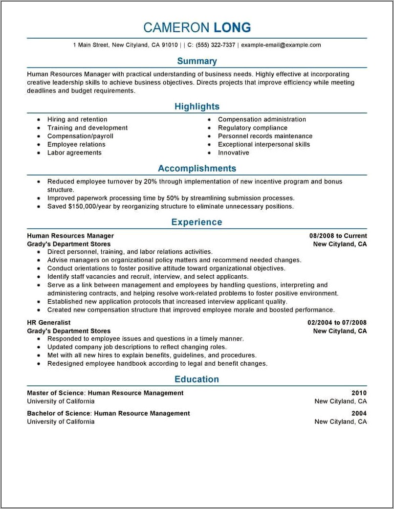 2019 Best Hr Resume Format For Experienced