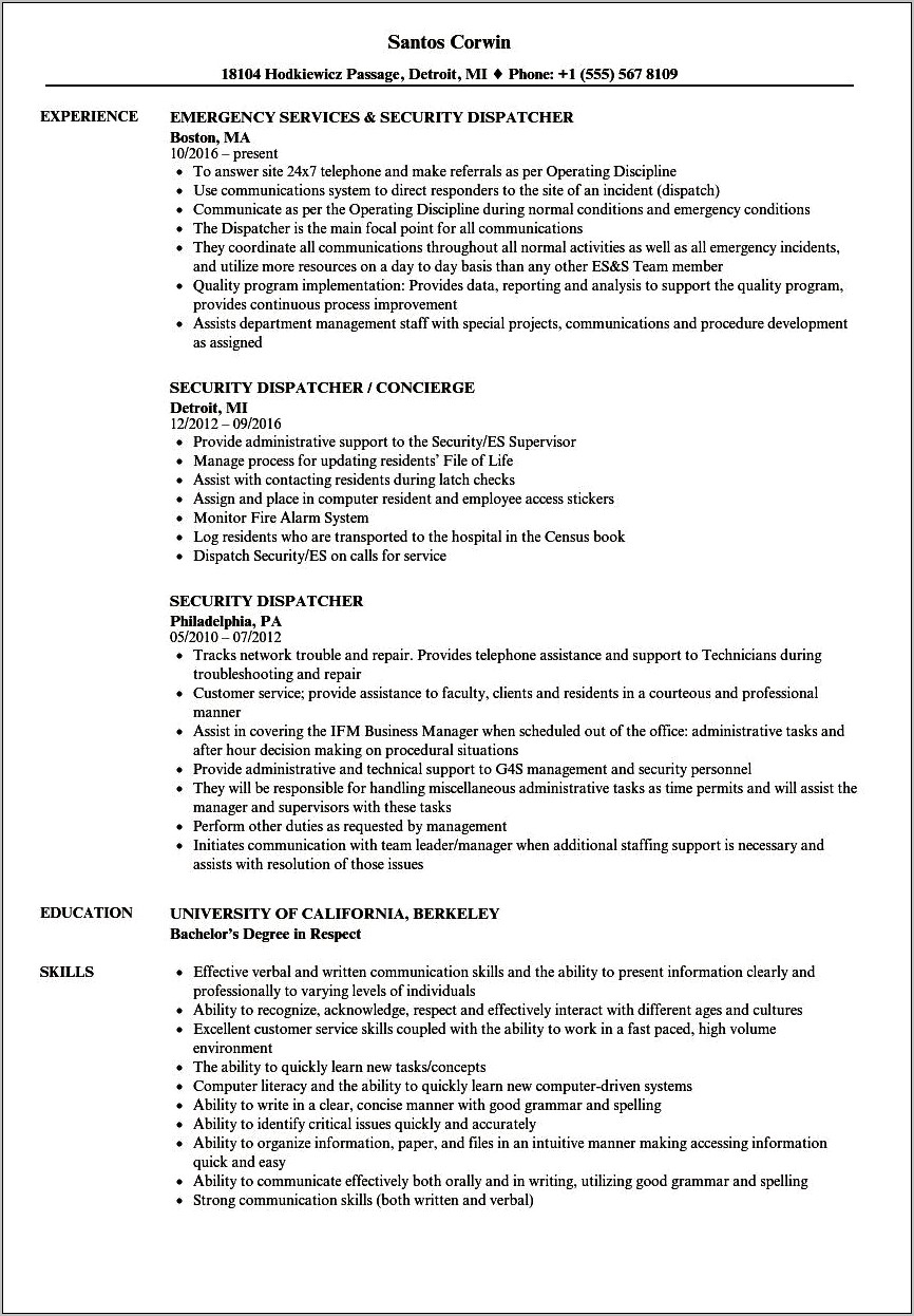 911 Dispatcher Resume With No Experience