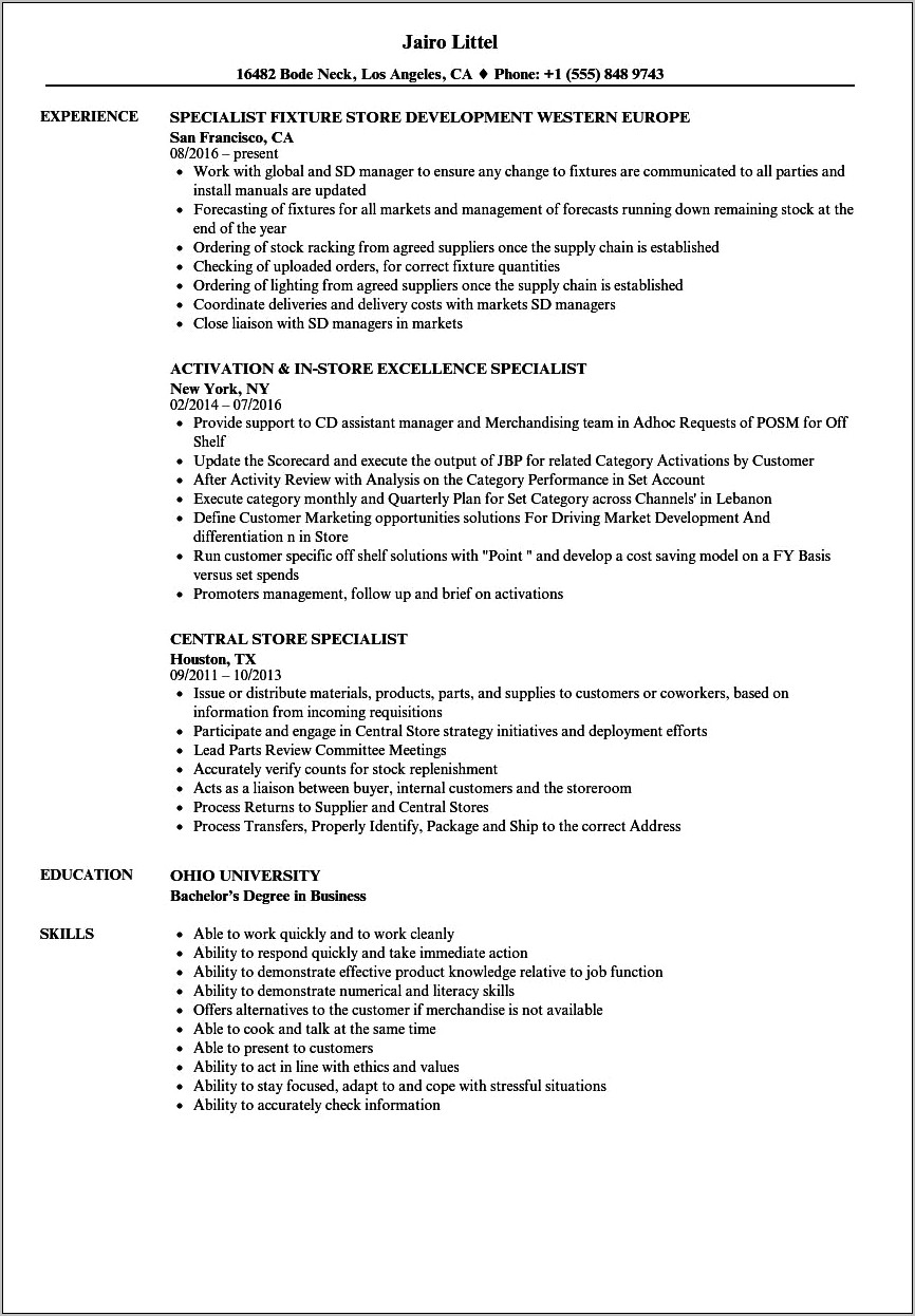 A Description Resume On Pacesettler For Retail Specialist