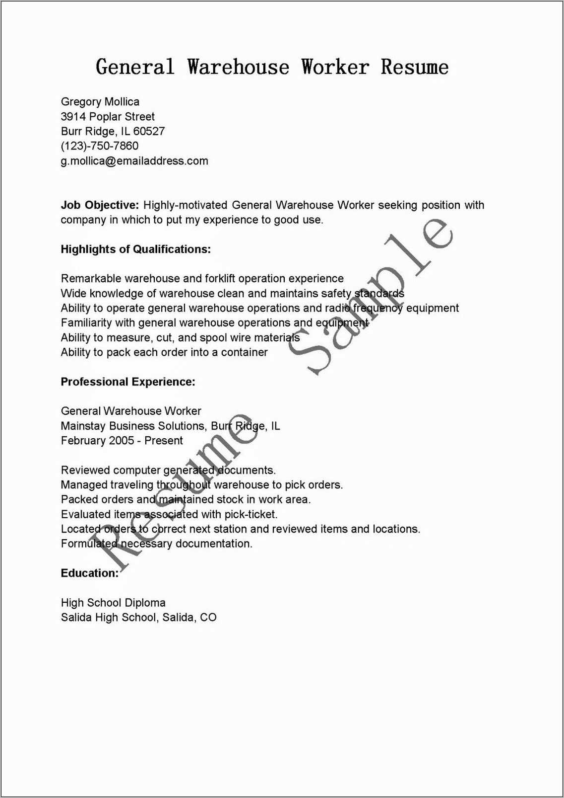 A Good Objective For A Resume For Warehouse