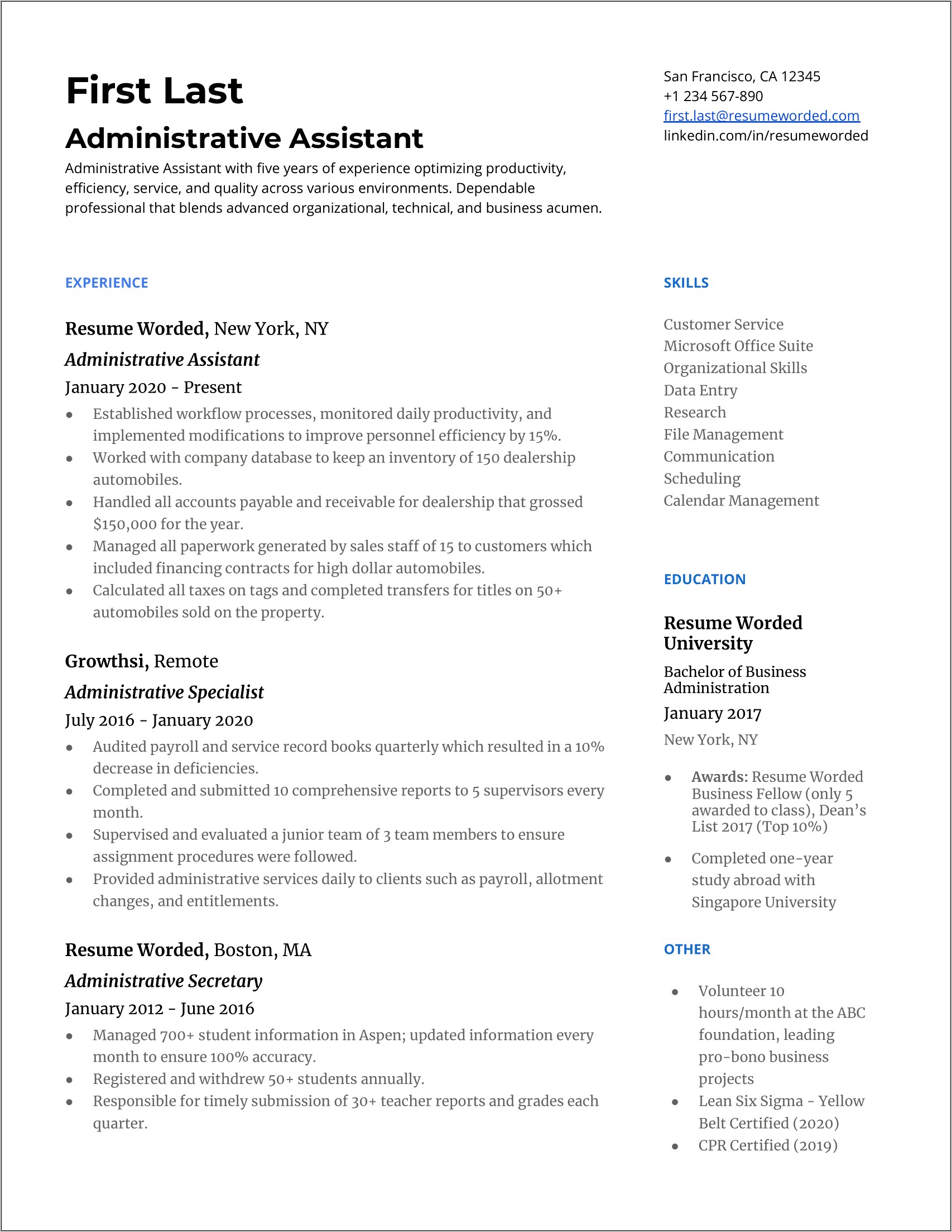 A Perfect Resume Example For A Administrator