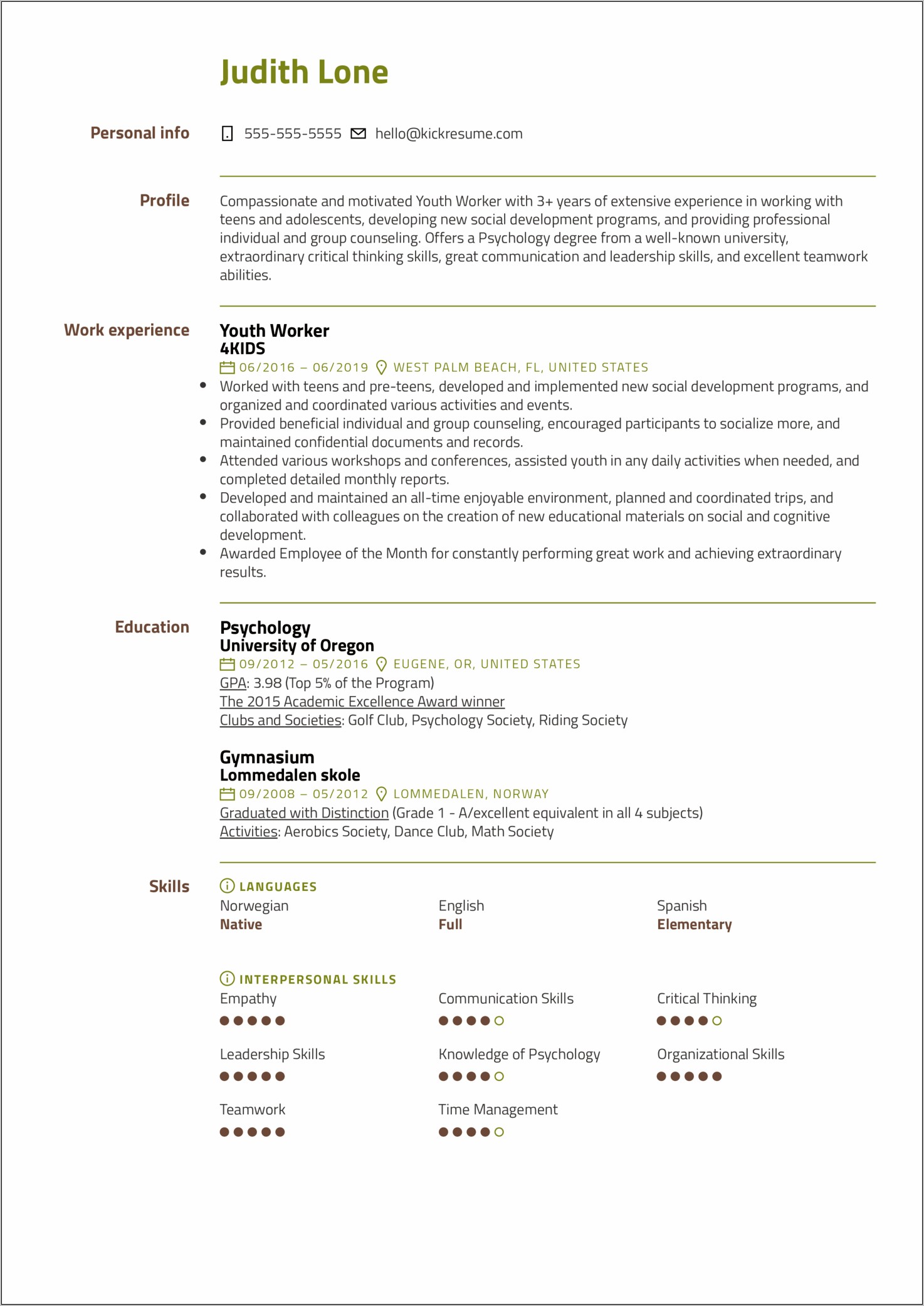A Professional Youth Worker Resume Profile