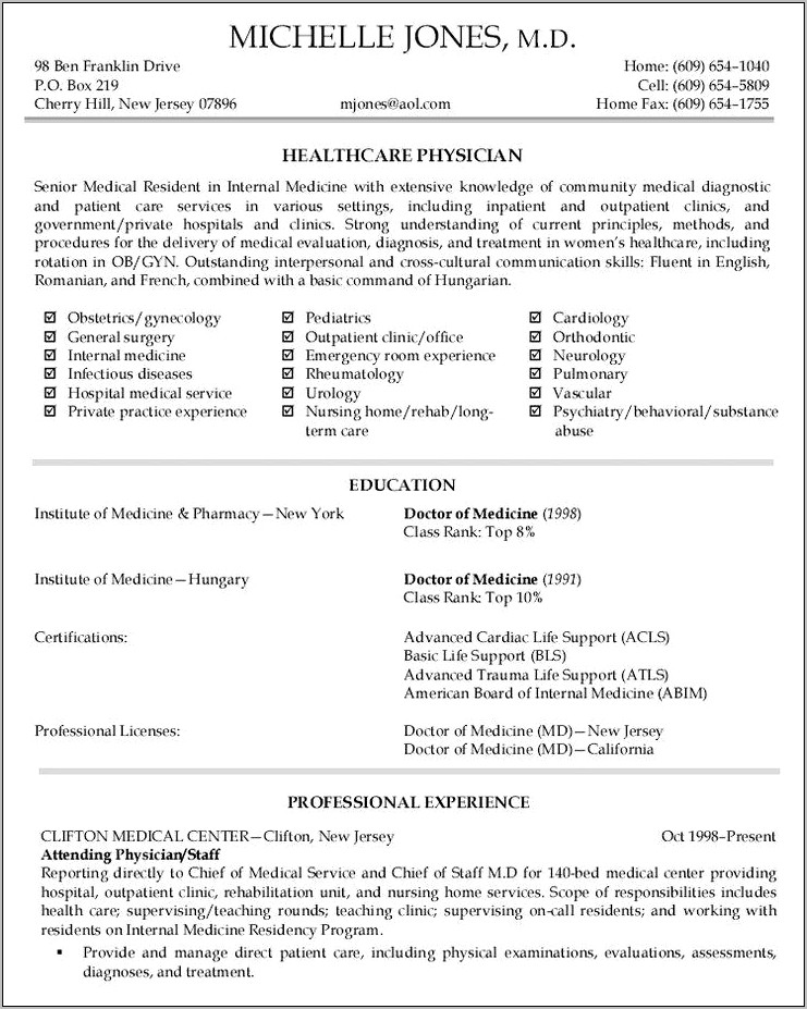 A Resume Of A Senior Physician Samples