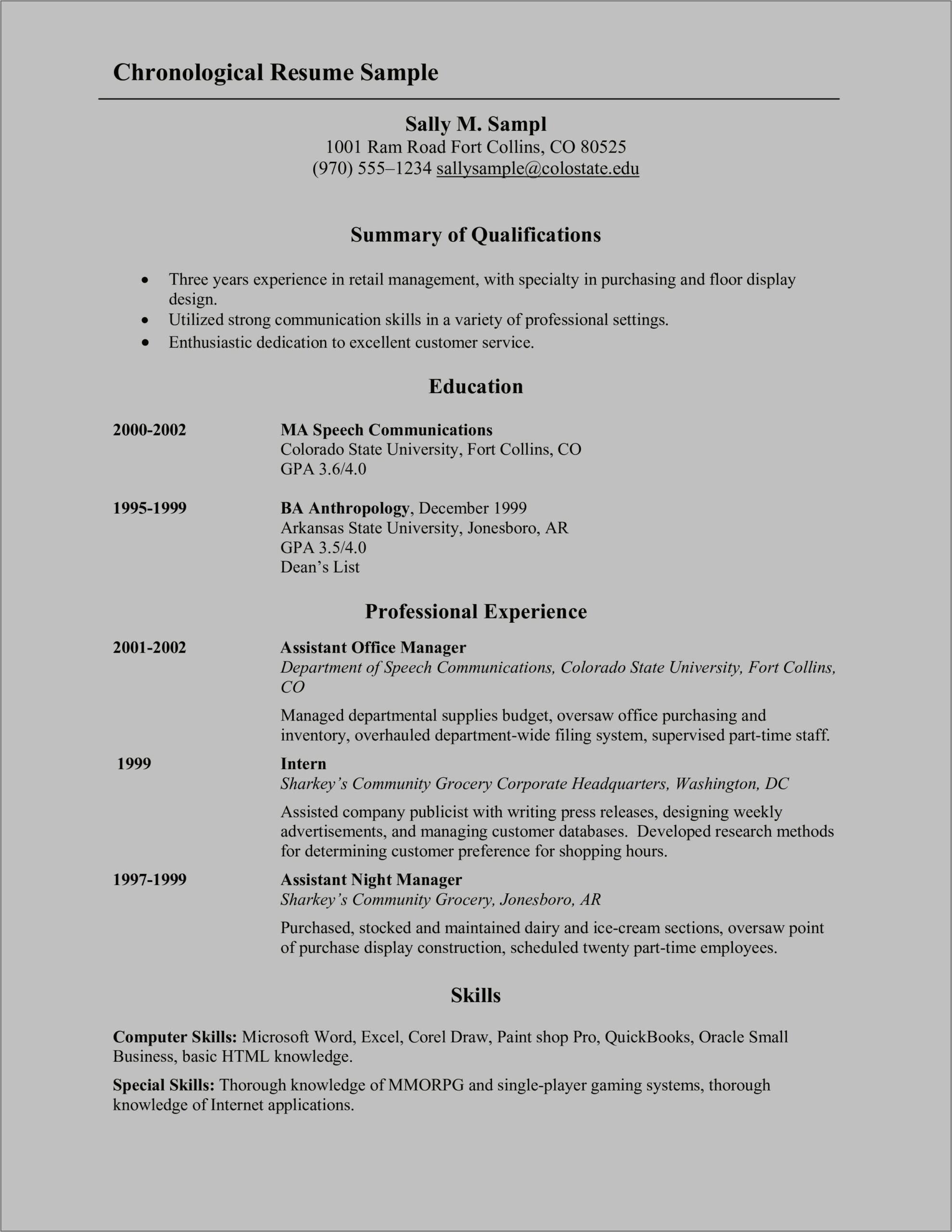 A Sample Of A Chronological Resume