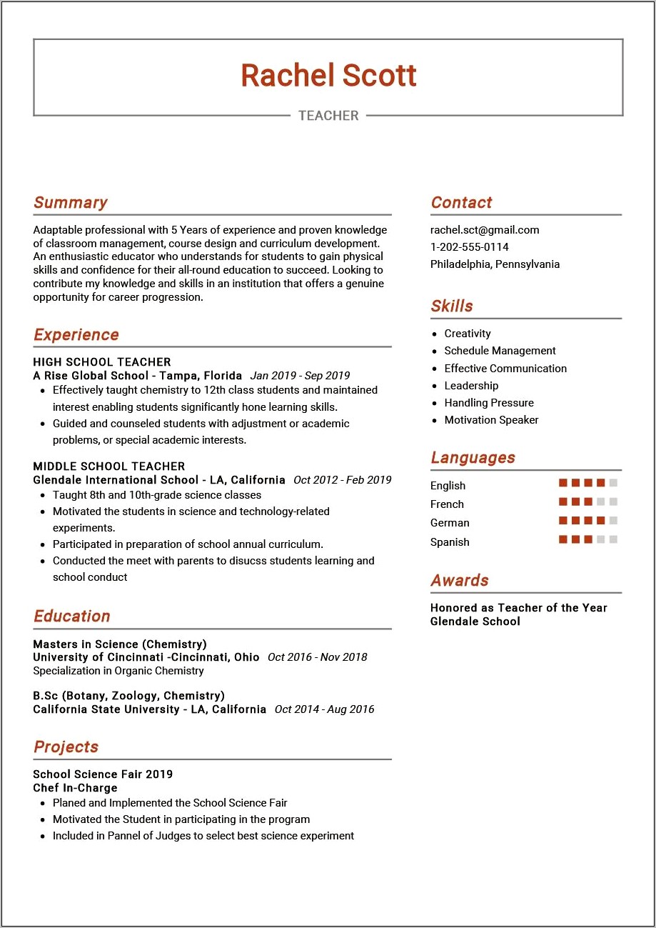 A Sample Resume For Teaching Job