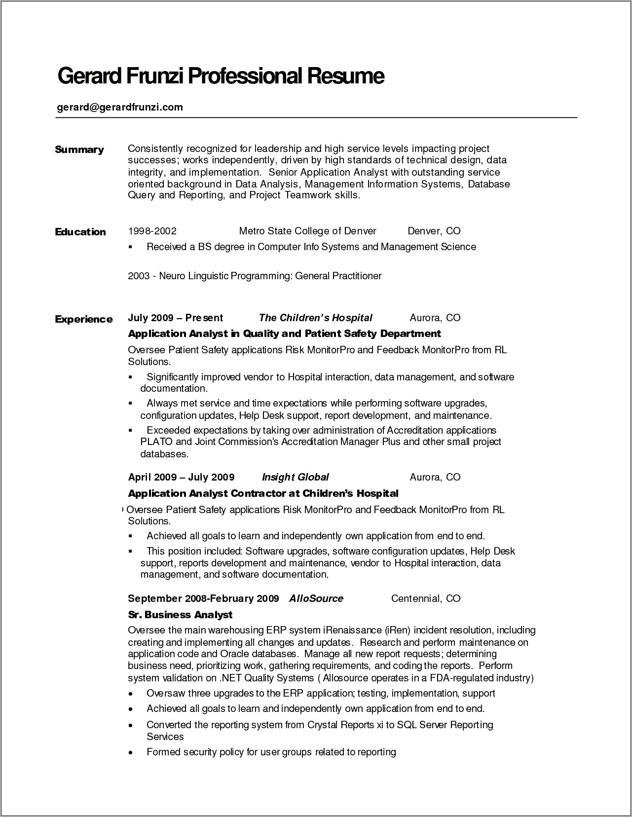 A Short Professional Summary For Resume