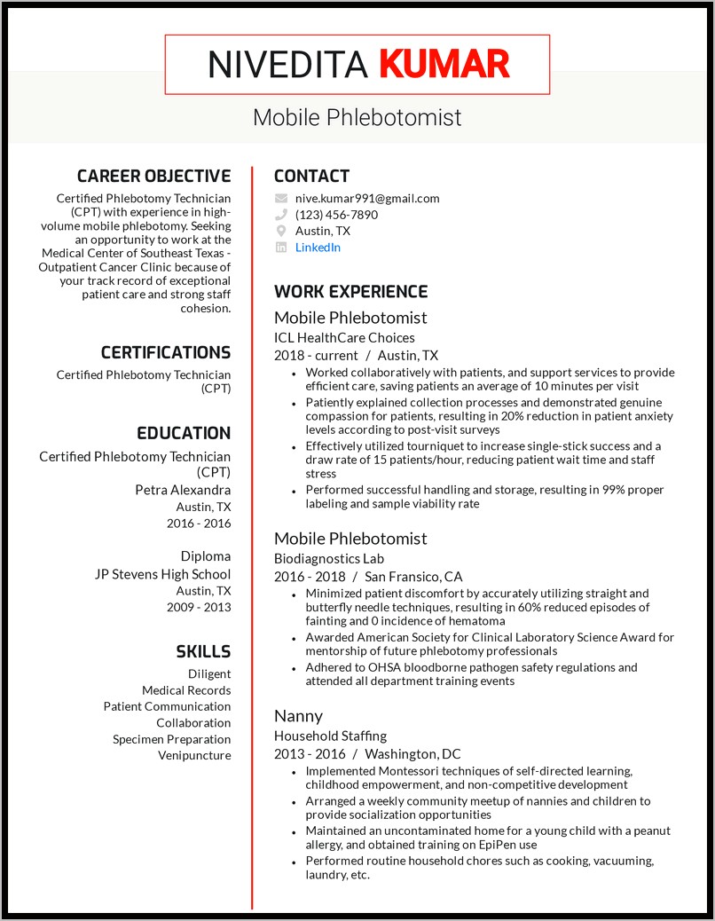 Ability Summary For Resume Examples For Phlebotomist