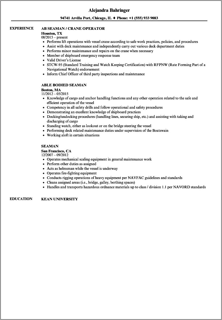 Able Bodied Seaman Resume Sample