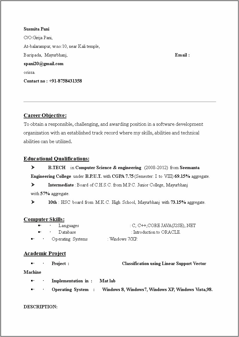 Academic Projects On Resume Sample