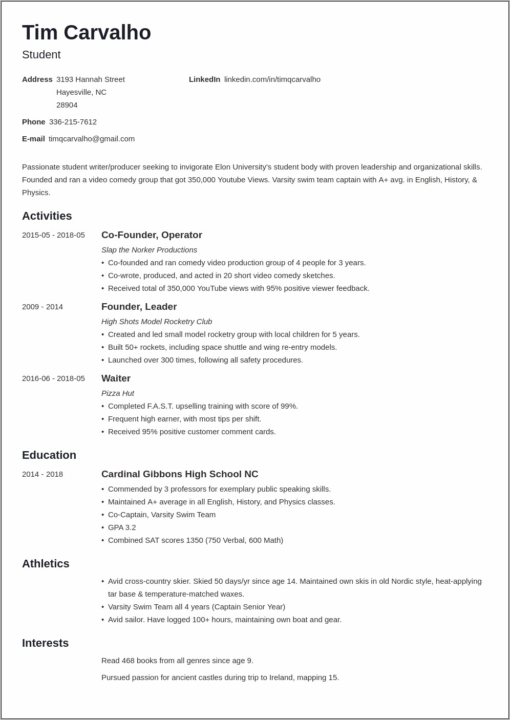 Academic Resume High School For College