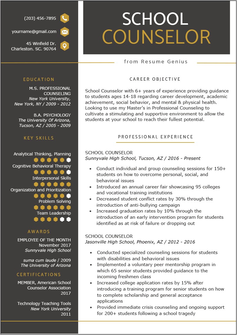 Accomplishments And Skills For School Counseling Resume