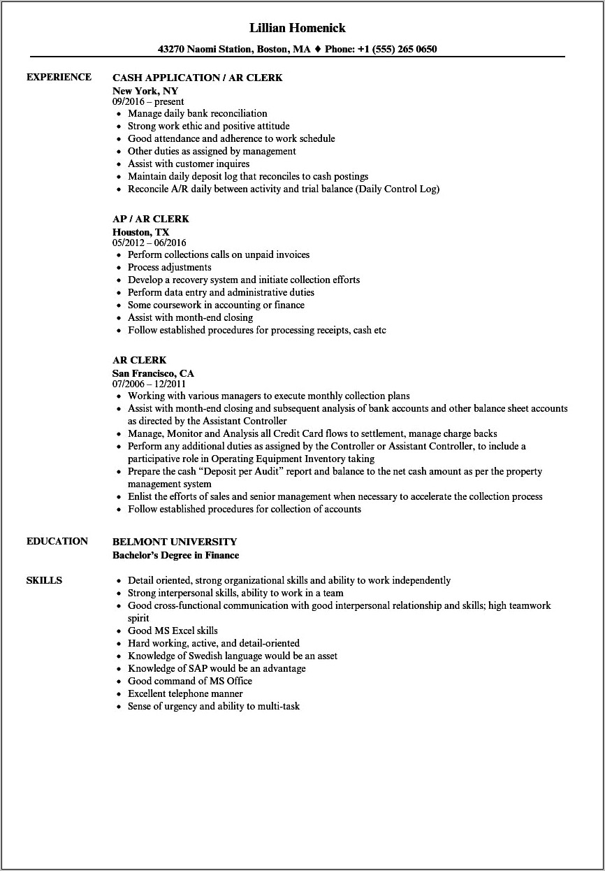 Account Receivable Analyst Sample Resume