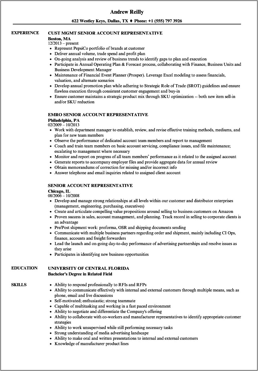 Account Representative Job Description For Resume