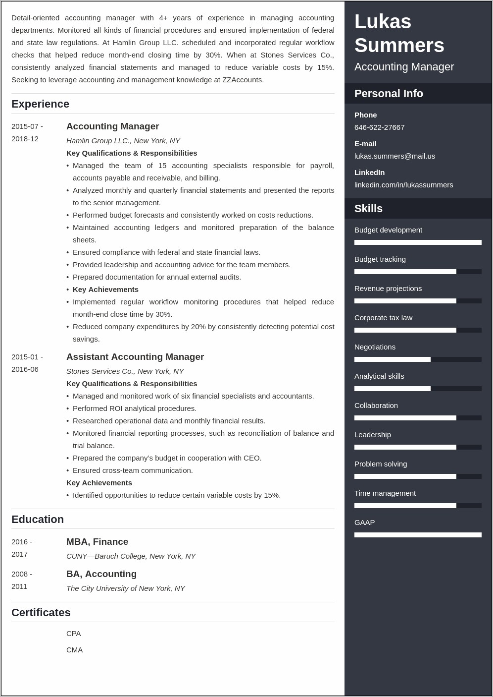 Accounting Manager Responsibilities And Duties Resume
