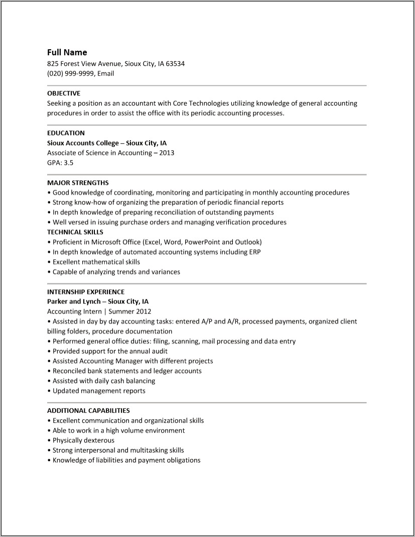 Accounting Resume Objective Entry Level