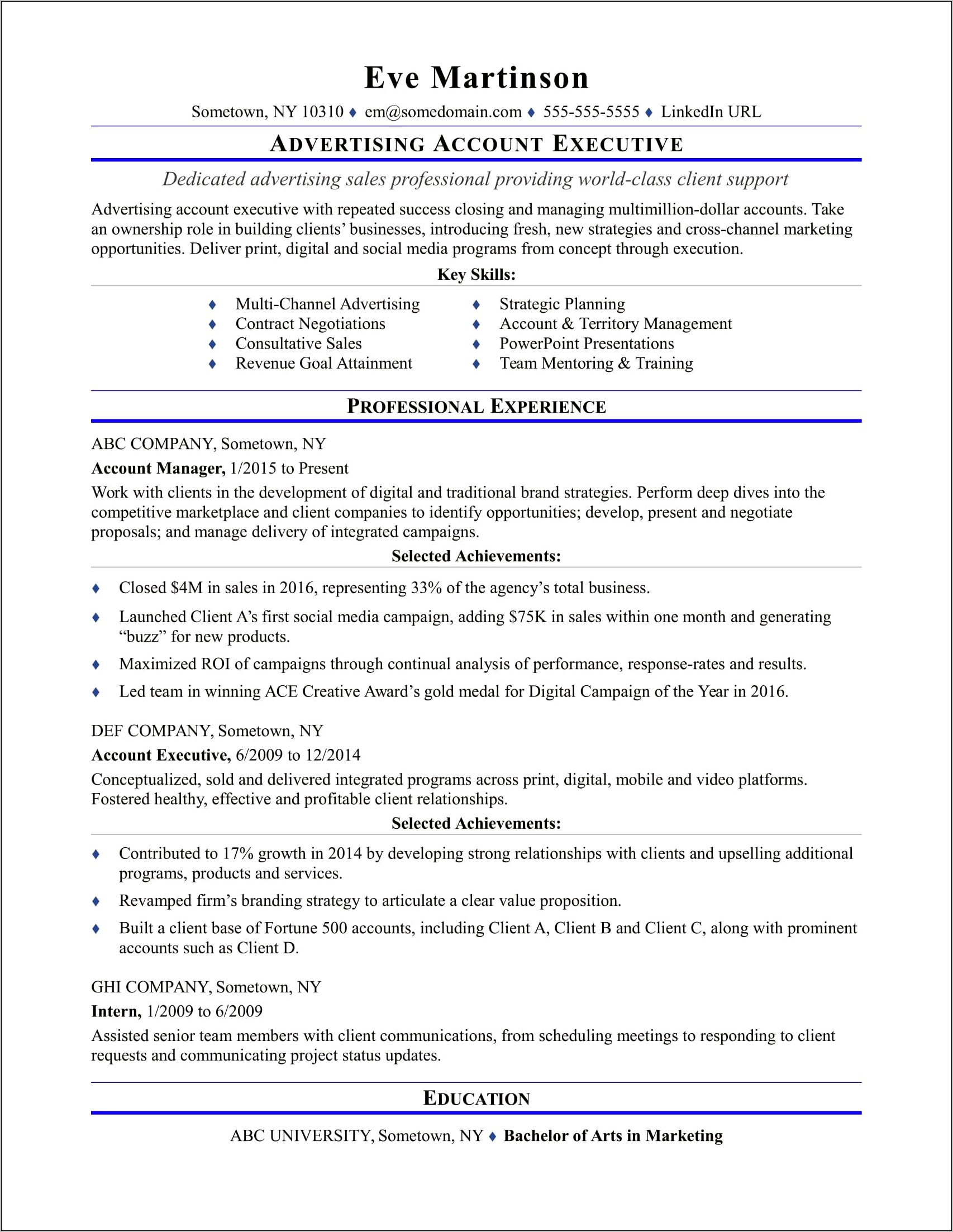 Accounts Executive Resume In Word Format