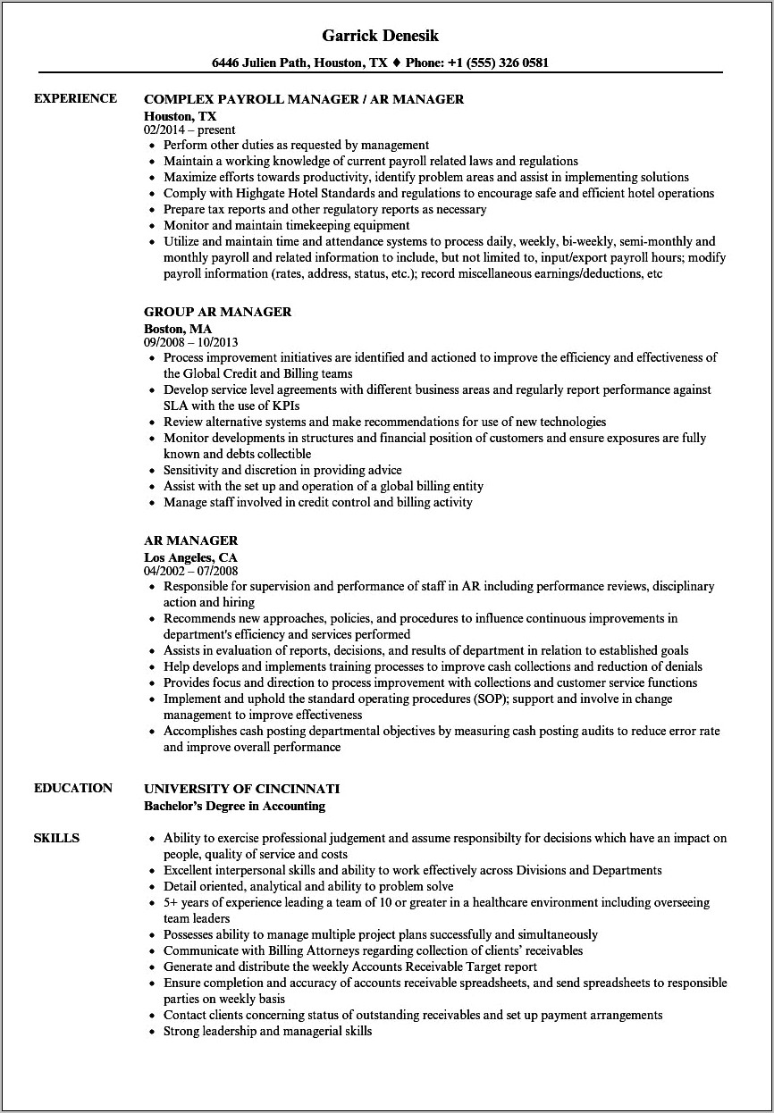 Accounts Receivable Manager Job Description For Resume