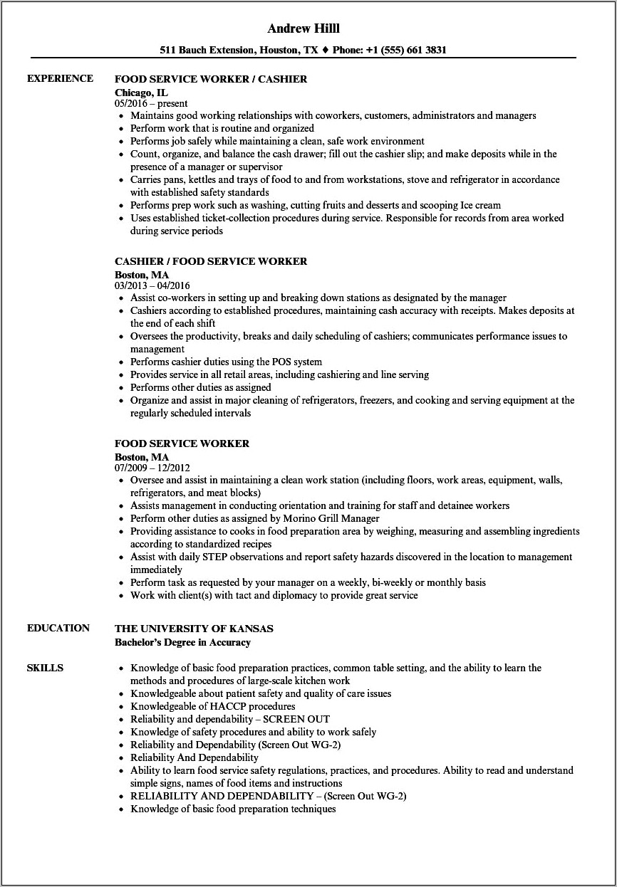 Acheivements For Foodservice Assistant Management Resume