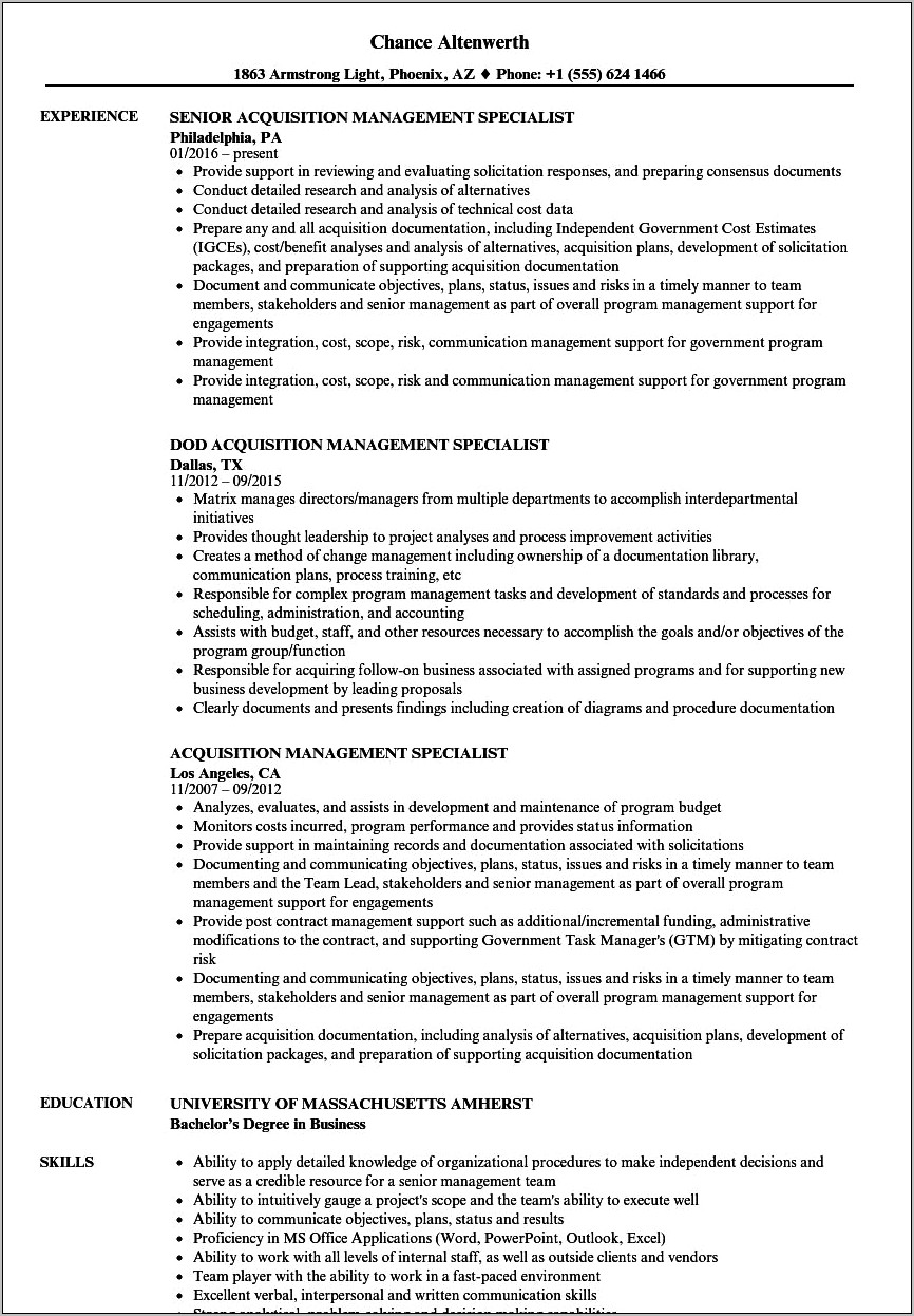 Acquisition Manager Air Force Resume