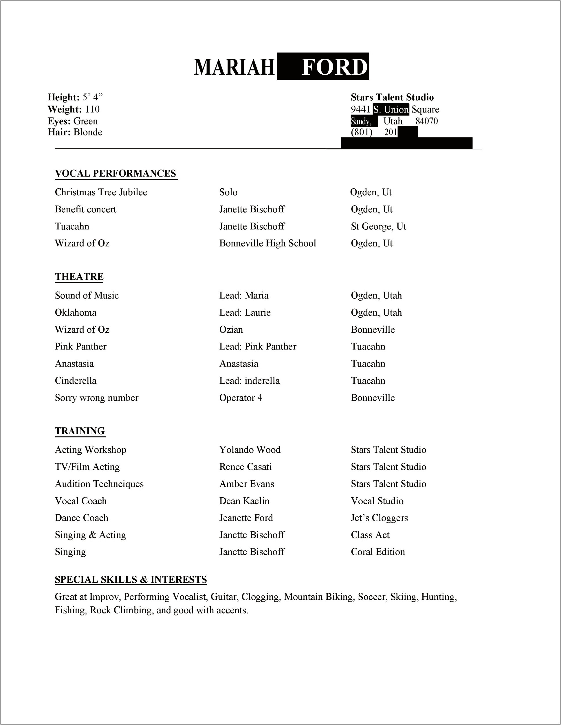 Acting Resume Template No Experience Beginning