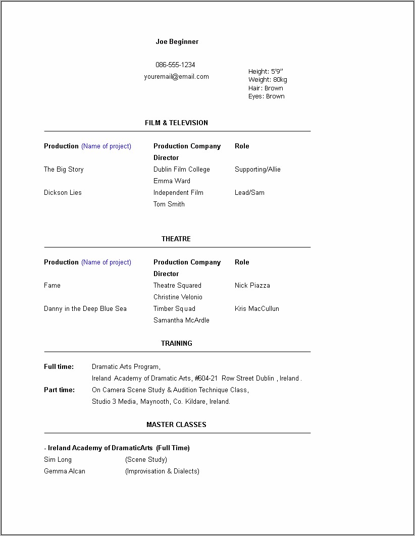 Acting Resume Template With Little Experience