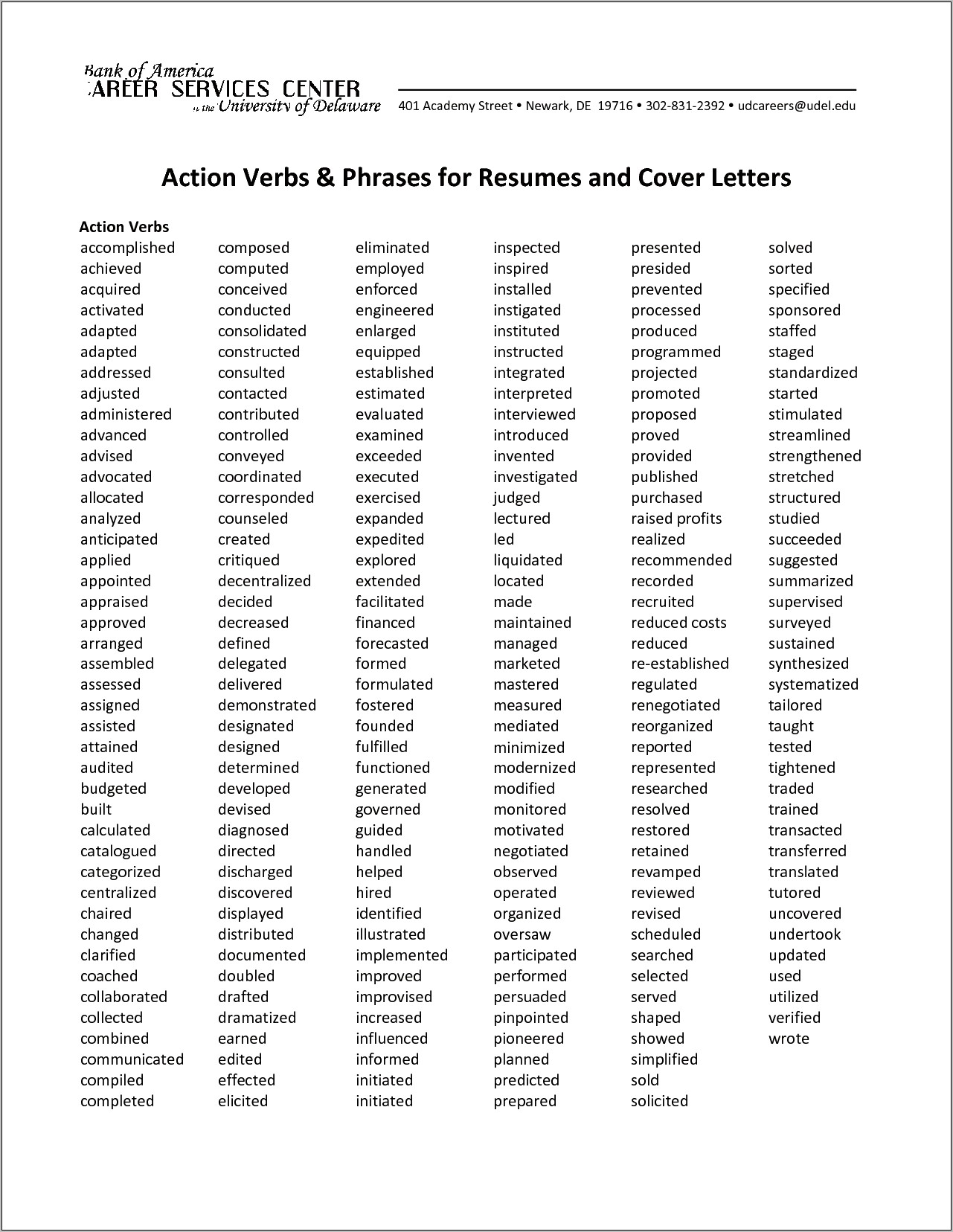Action Words For Resume Or Cover Letter Writing