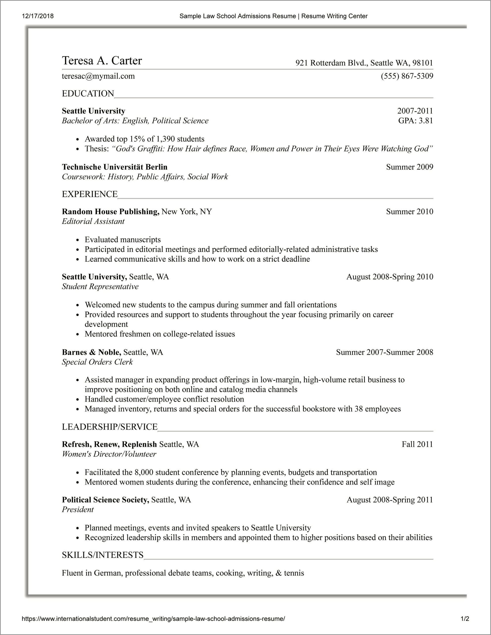Activities And Interests Law School Resume