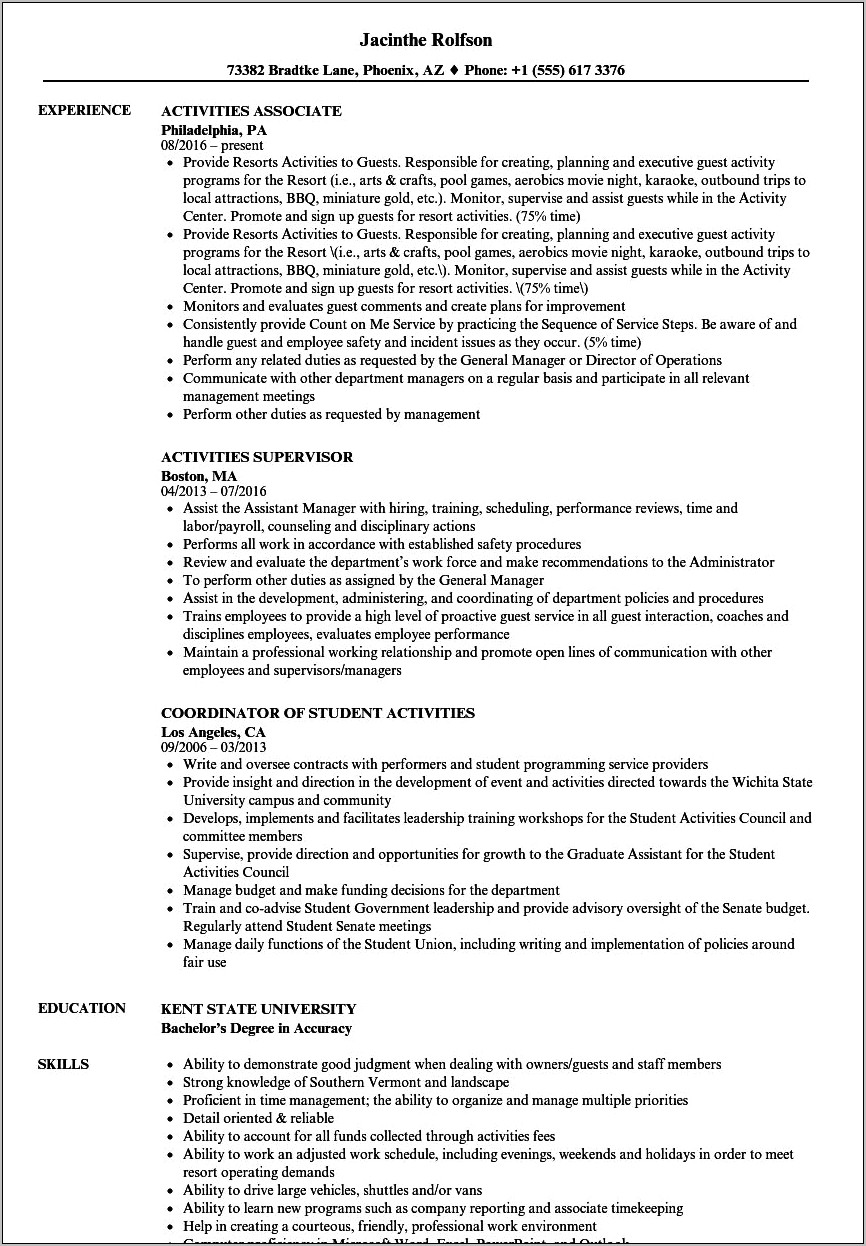 Activities Section Of Resume Examples