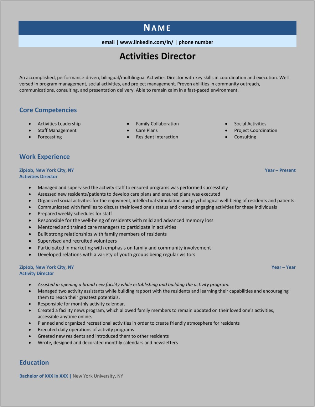 Activity Director Job Description For Resume