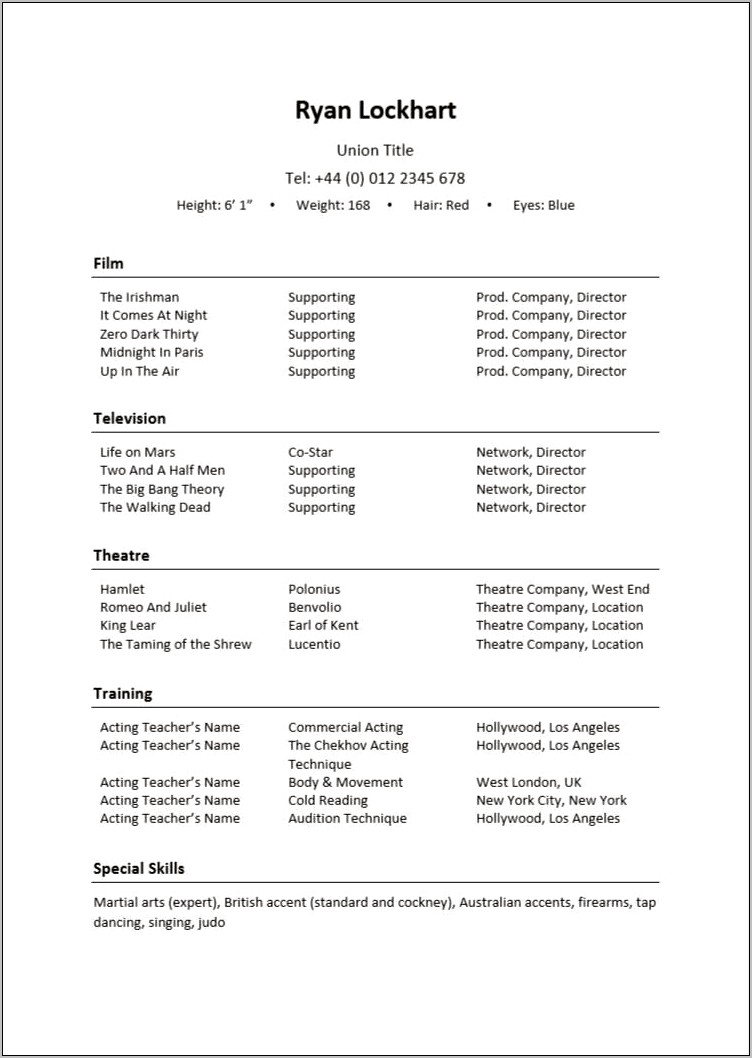 Actor Performance Resume Template Word Format Free Download