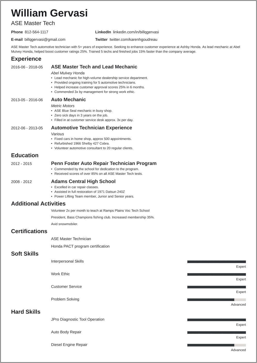 Adding Mechanic Experience To A Resume