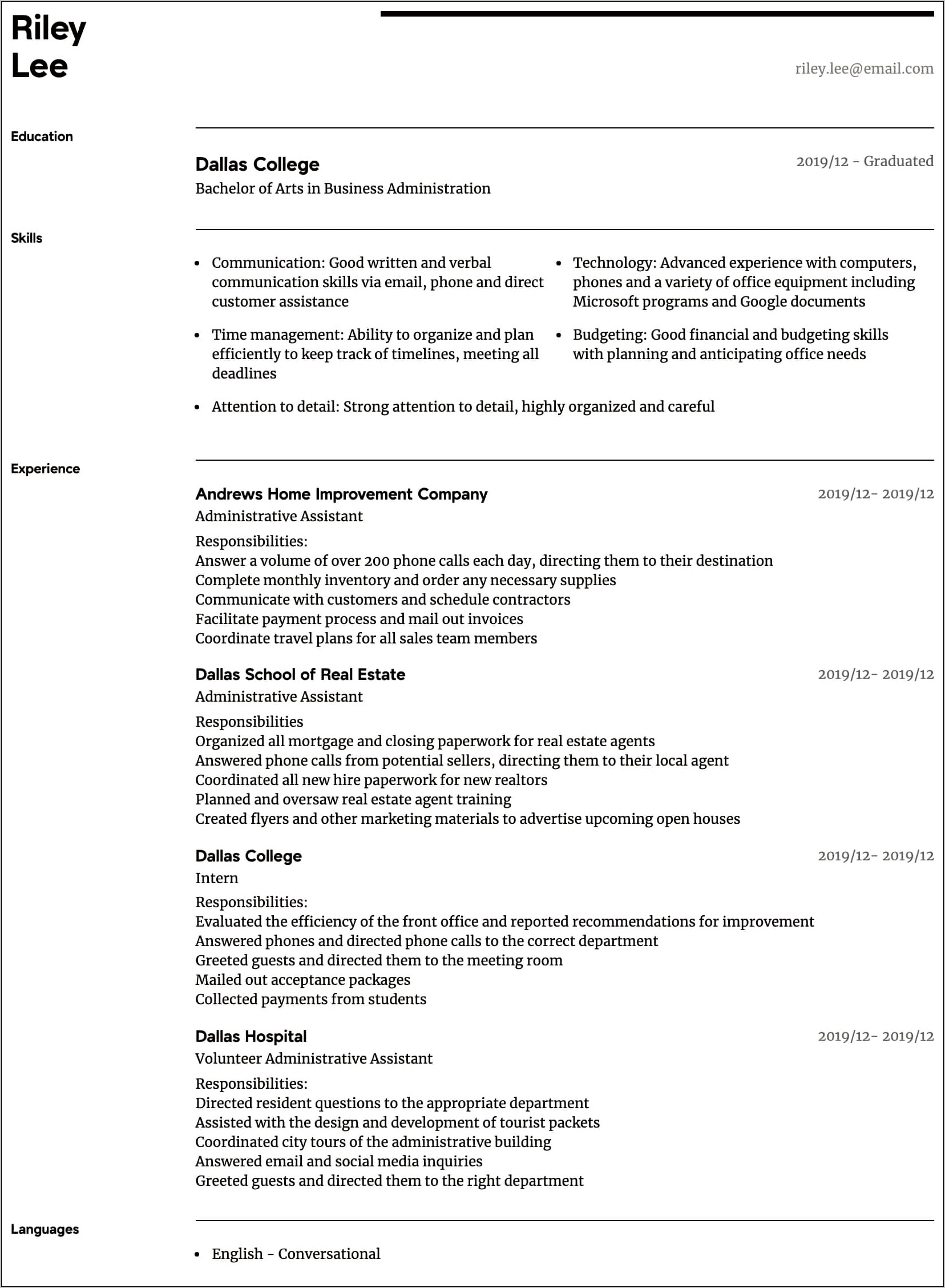Admin Assistant Job Summary For Resume