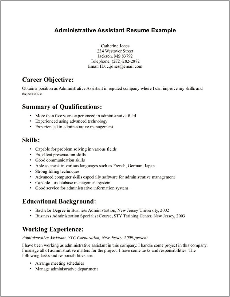 Admin Assistant Summary Statement For Resume